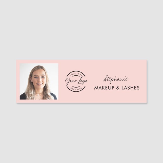 Blush Pink Script Logo Photo Makeup Name Tag (Front)