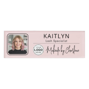 Blush Pink Script Logo Photo Makeup Name Tag