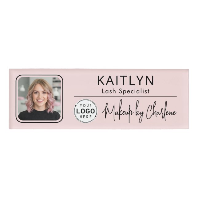 Blush Pink Script Logo Photo Makeup Name Tag (Front)