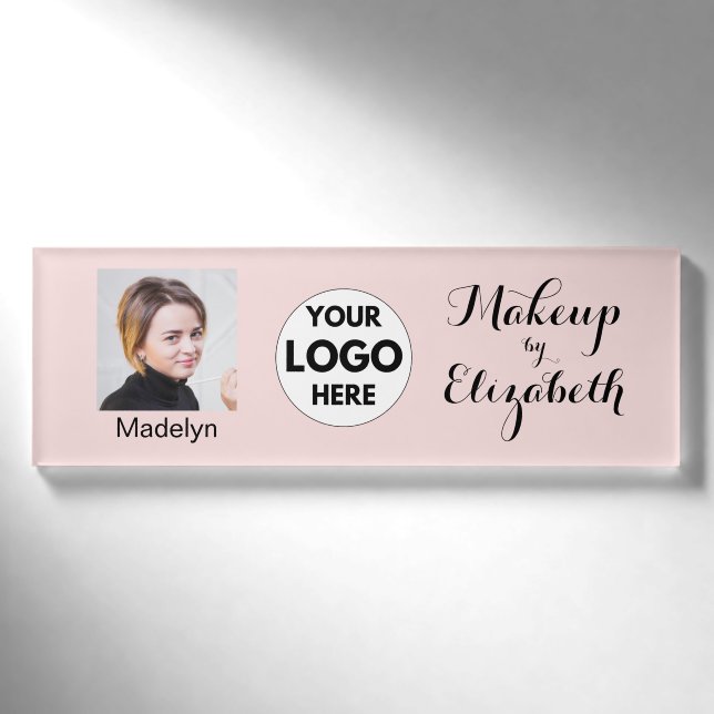 Blush Pink Script Logo Photo Makeup Name Tag (Front)