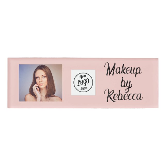 Blush Pink Script Logo Photo Makeup Name Tag (Front)