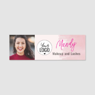 Blush Pink Script Logo Photo Makeup Name Tag