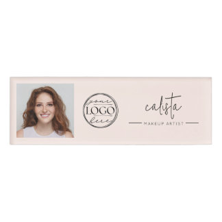 Blush Pink Script Logo Photo Makeup Name Tag