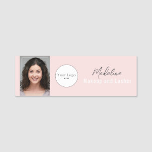 Blush Pink Script Logo Photo Makeup Name Tag