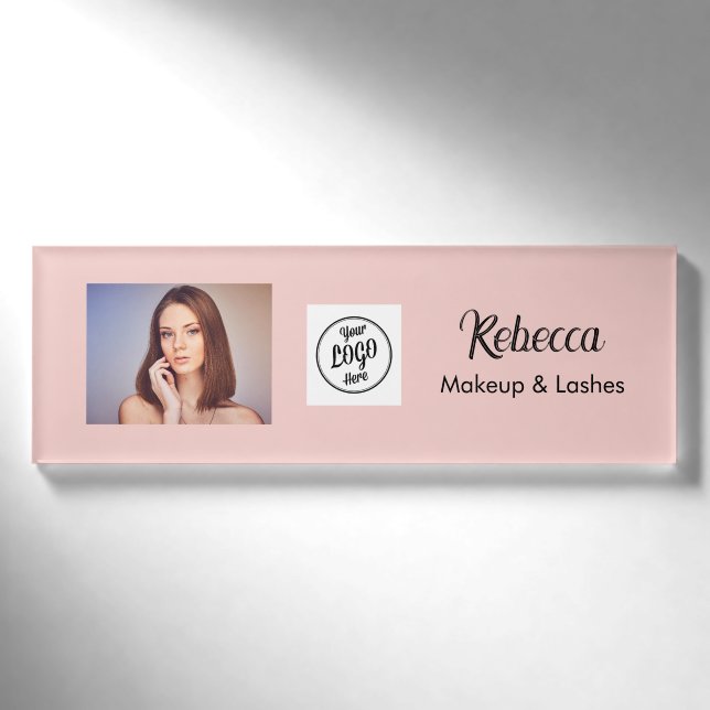 Blush Pink Script Logo Photo Makeup Name Tag (Front)