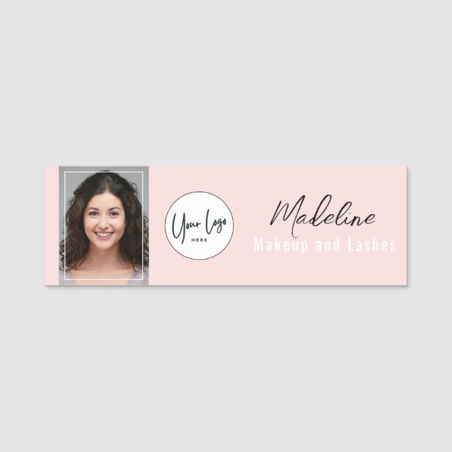 Blush Pink Script Logo Photo Makeup Name Tag (Front)