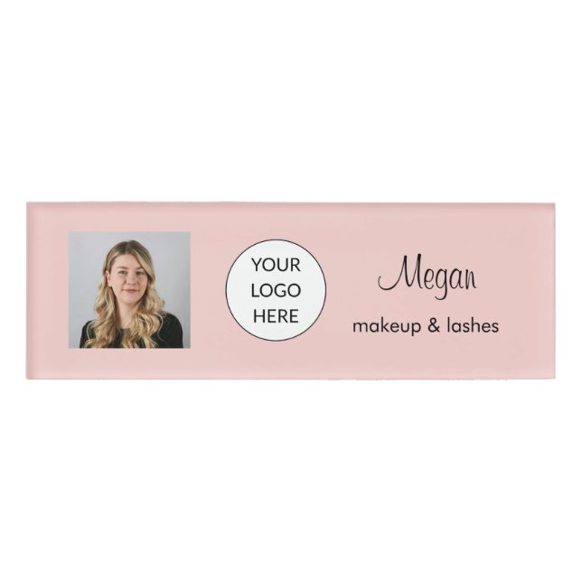 Blush Pink Script Logo Photo Makeup Name Tag (Front)