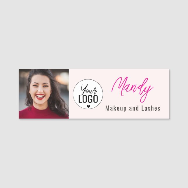 Blush Pink Script Logo Photo Makeup Name Tag (Front)
