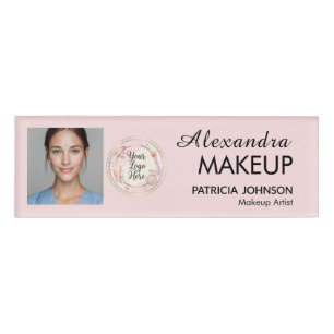 Blush Pink Script Logo Photo Makeup Name Tag