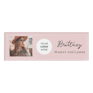 Blush Pink Script Logo Photo Makeup Name Tag
