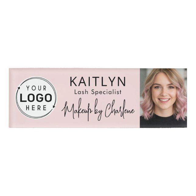 Blush Pink Script Logo Photo Makeup Name Tag (Front)