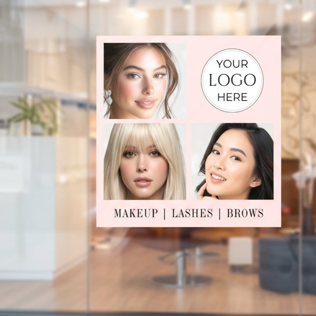 Blush Pink Script Logo Photo Makeup Studio Window Cling (elegant blush pink makeup artist beauty salon window cling sign with 3 photos logo typography design)