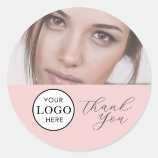 Blush Pink Script Logo Photo Makeup Thank You Clas Classic Round Sticker