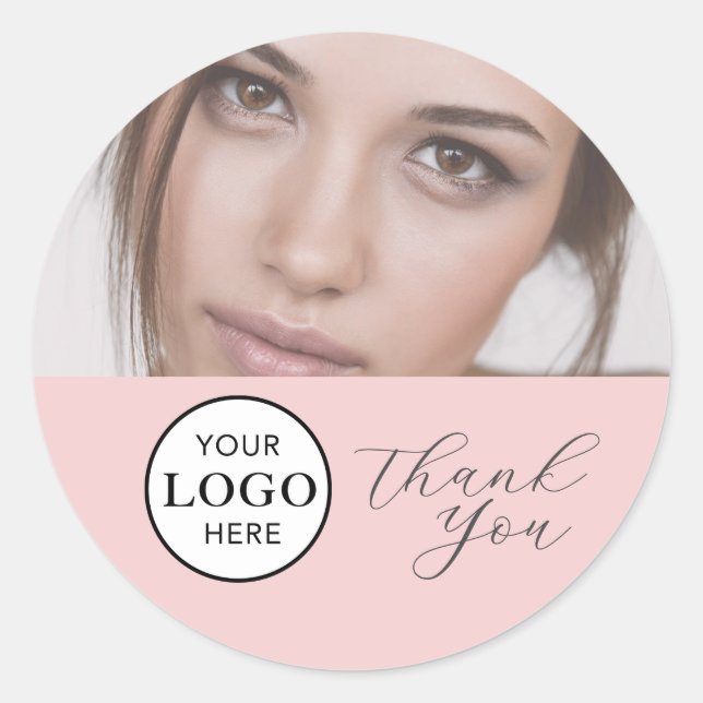 Blush Pink Script Logo Photo Makeup Thank You Clas Classic Round Sticker (Front)