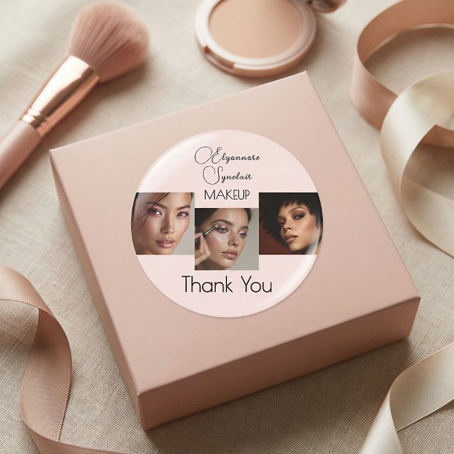 Blush Pink Script Logo Photo Makeup Thank You Clas Classic Round Sticker (Creator Uploaded)