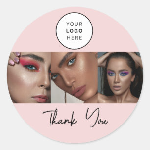 Blush Pink Script Logo Photo Makeup Thank You Classic Round Sticker