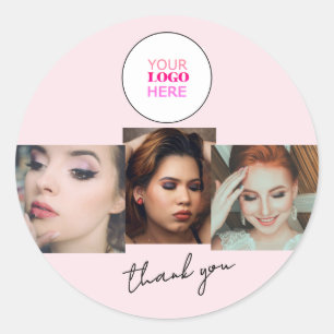 Blush Pink Script Logo Photo Makeup Thank You Classic Round Sticker