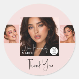 Blush Pink Script Logo Photo Makeup Thank You Classic Round Sticker