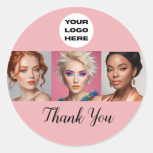 Blush Pink Script Logo Photo Makeup Thank You Classic Round Sticker