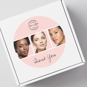 Blush Pink Script Logo Photo Makeup Thank You Classic Round Sticker