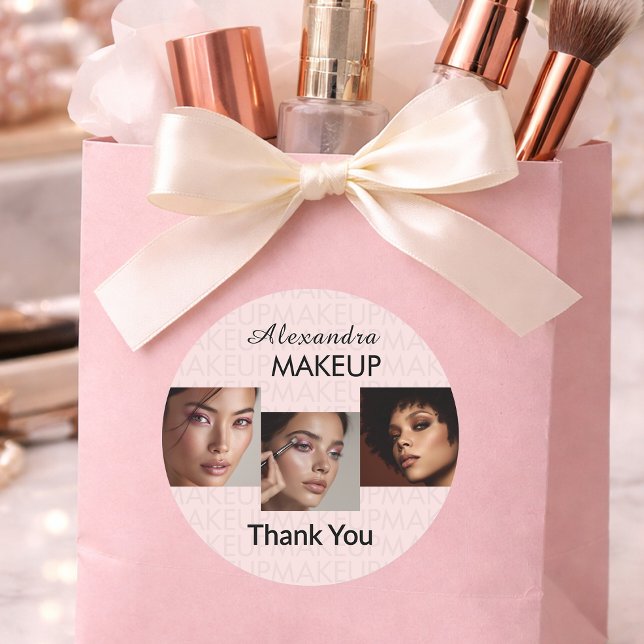 Blush Pink Script Logo Photo Makeup Thank You Classic Round Sticker (Creator Uploaded)