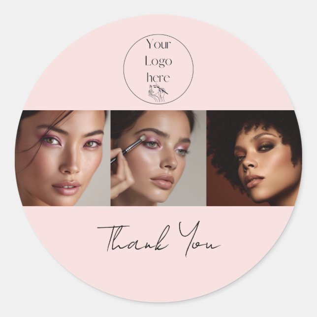 Blush Pink Script Logo Photo Makeup Thank You Classic Round Sticker (Front)