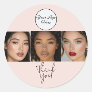 Blush Pink Script Logo Photo Makeup Thank You Classic Round Sticker