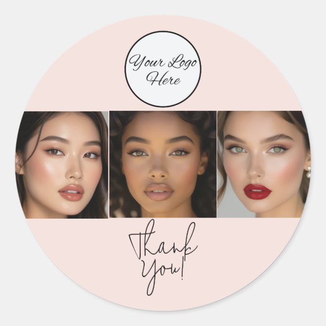 Blush Pink Script Logo Photo Makeup Thank You Classic Round Sticker (Front)