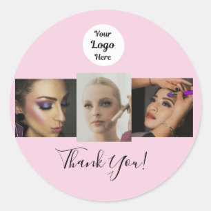 Blush Pink Script Logo Photo Makeup Thank You Classic Round Sticker