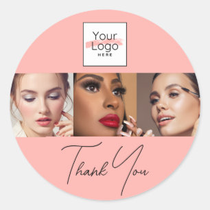 Blush Pink Script Logo Photo Makeup Thank You Classic Round Sticker