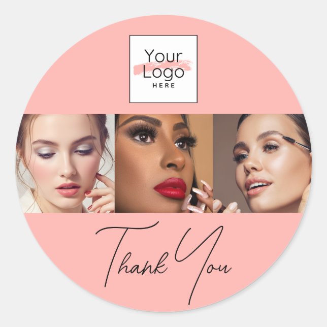 Blush Pink Script Logo Photo Makeup Thank You  Classic Round Sticker (Front)
