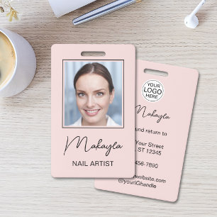 Blush Pink Script Logo Photo Nail Salon ID Badge