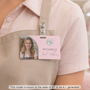 Blush Pink Script Logo Photo Nail Technician ID Badge