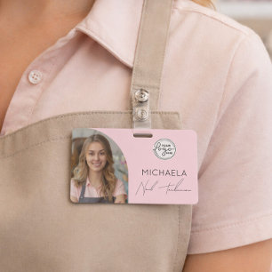 Blush Pink Script Logo Photo Nail Technician ID Badge