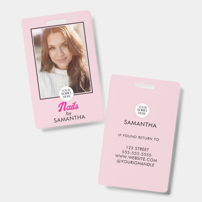 Blush Pink Script Logo Photo Nails  ID Badge (Front & Back)