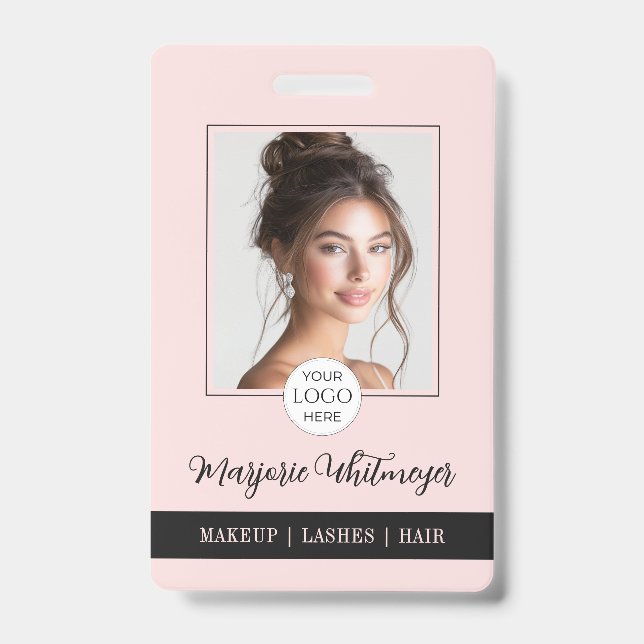 Blush Pink Script Logo Photo QR Code Makeup ID Badge (Front)