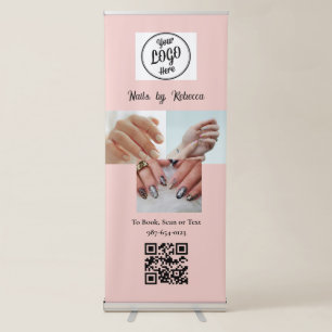 Blush Pink Script Logo QR Code 3 Photo Nail Art Retractable Banner