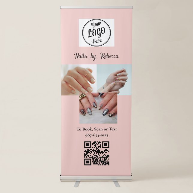Blush Pink Script Logo QR Code 3 Photo Nail Art Retractable Banner (Front)