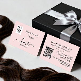 Blush Pink Script Logo QR Code Hair Extension Business Card