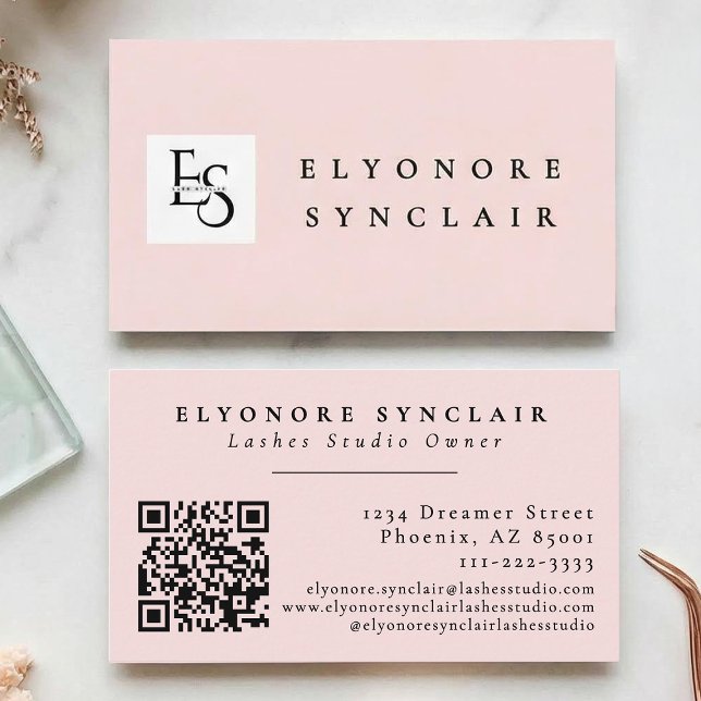 Blush Pink Script Logo QR Code Lashes Business Card (Creator Uploaded)