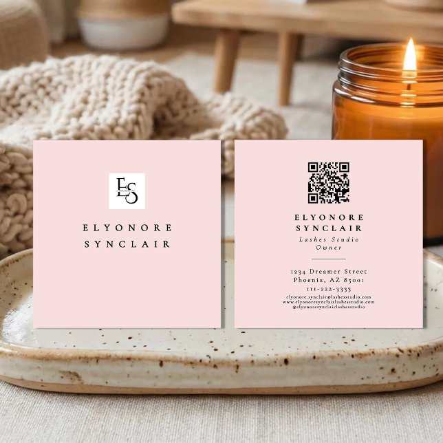 Blush Pink Script Logo QR Code Lashes Square Business Card (Creator Uploaded)