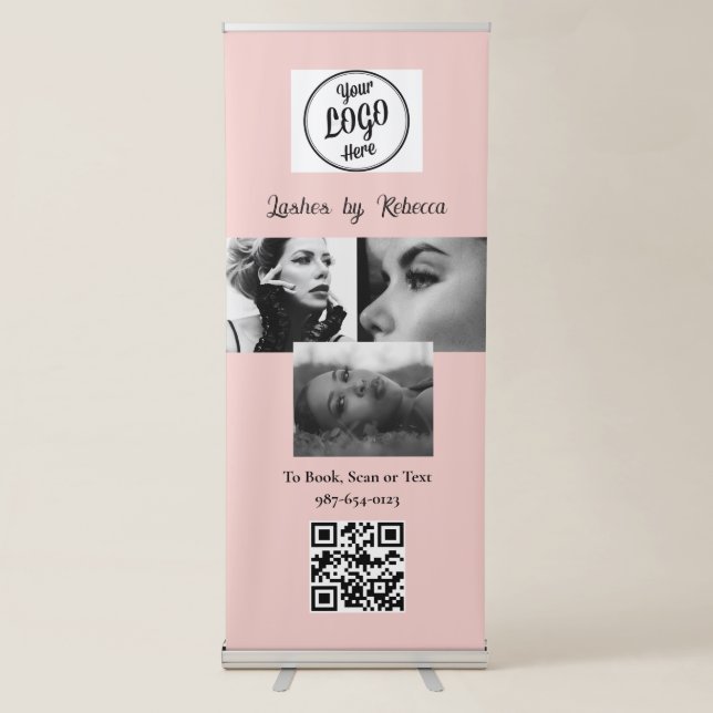 Blush Pink Script Logo QR Code Photo Eye Lashes Retractable Banner (Front)