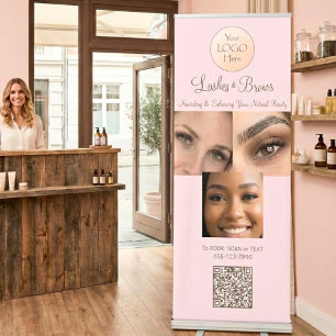 Blush Pink Script Logo QR Code Photo Lashes Brows Retractable Banner