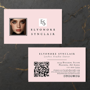 Blush Pink Script Logo QR Code Photo Lashes Business Card