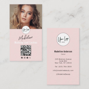Blush Pink Script Logo QR Code Photo Lashes Studio Business Card
