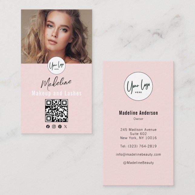 Blush Pink Script Logo QR Code Photo Lashes Studio Business Card (Front/Back)