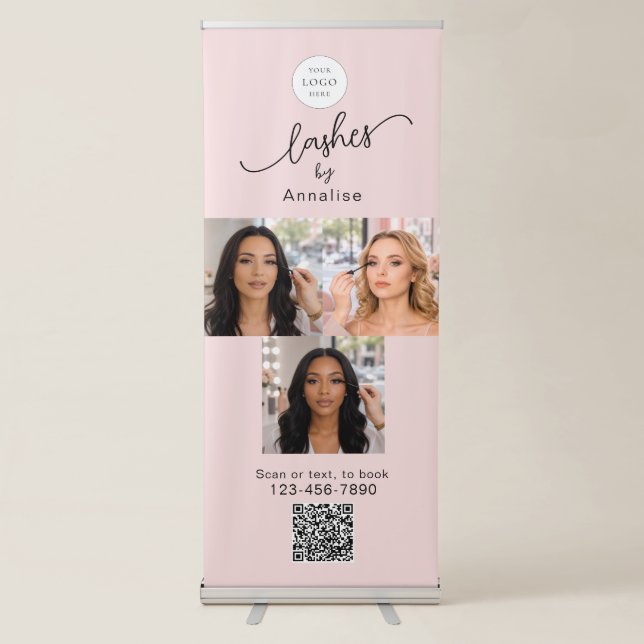 Blush Pink Script Logo QR Code Photo Lashes Studio Retractable Banner (Front)