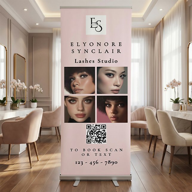 Blush Pink Script Logo QR Code Photo Lashes Studio Retractable Banner (Creator Uploaded)