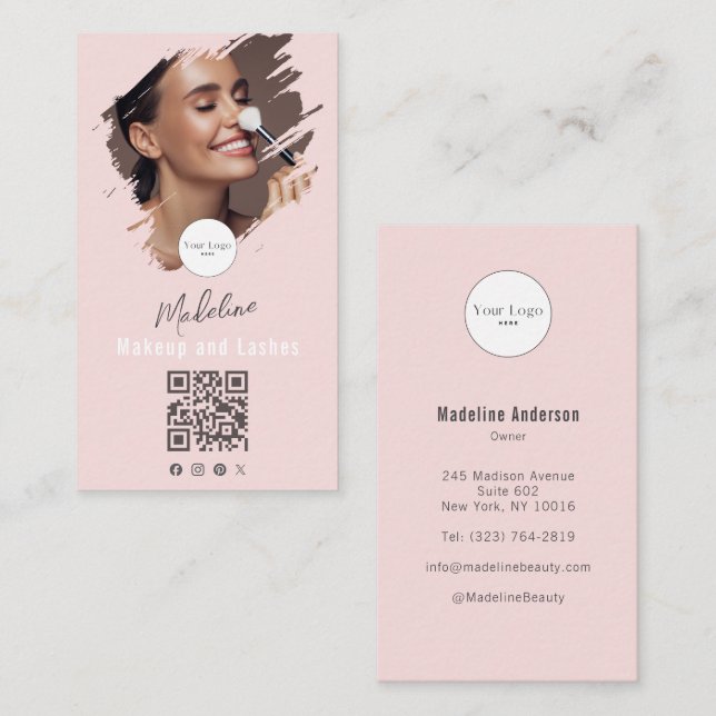 Blush Pink Script Logo QR Code Photo Makeup Business Card (Front/Back)