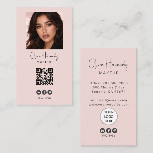 Blush Pink Script Logo QR Code Photo Makeup Business Card (Front/Back)